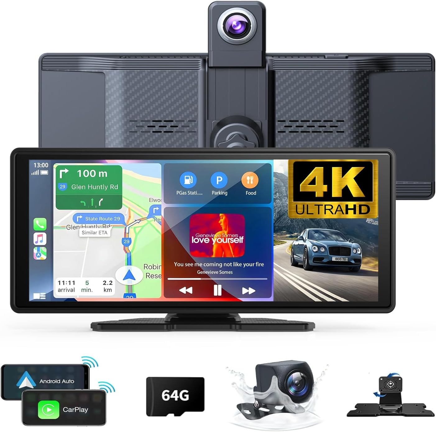 10.26" Wireless Carplay Screen 360 Rotation 4K Dash Cam Carplay/Android Auto Auto Stereo Auto Audio Empfänger mit 1080p Backup Kamera GPS Navigation/Spiegel Link/Sprachsteuerung/Siri