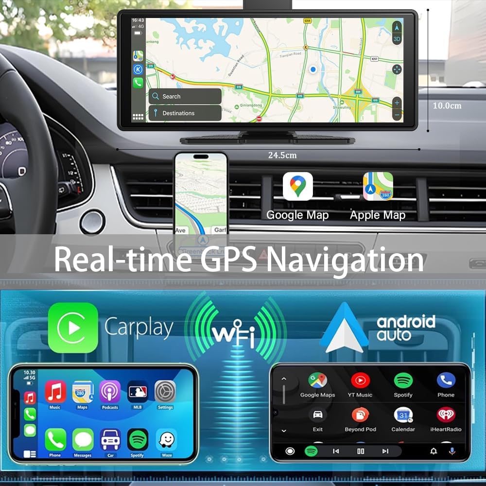 10.26" Wireless Carplay Screen 360 Rotation 4K Dash Cam Carplay/Android Auto Auto Stereo Auto Audio Empfänger mit 1080p Backup Kamera GPS Navigation/Spiegel Link/Sprachsteuerung/Siri – Bild 4