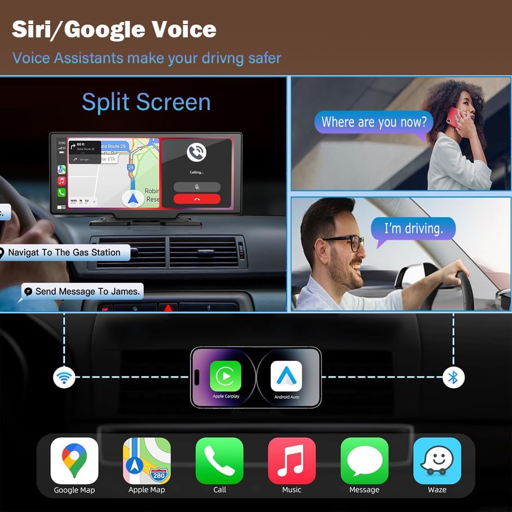 10.26" Wireless Carplay Screen 360 Rotation 4K Dash Cam Carplay/Android Auto Auto Stereo Auto Audio Empfänger mit 1080p Backup Kamera GPS Navigation/Spiegel Link/Sprachsteuerung/Siri – Bild 5