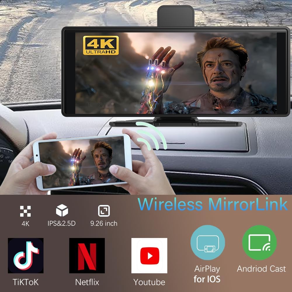 10.26" Wireless Carplay Screen 360 Rotation 4K Dash Cam Carplay/Android Auto Auto Stereo Auto Audio Empfänger mit 1080p Backup Kamera GPS Navigation/Spiegel Link/Sprachsteuerung/Siri – Bild 6