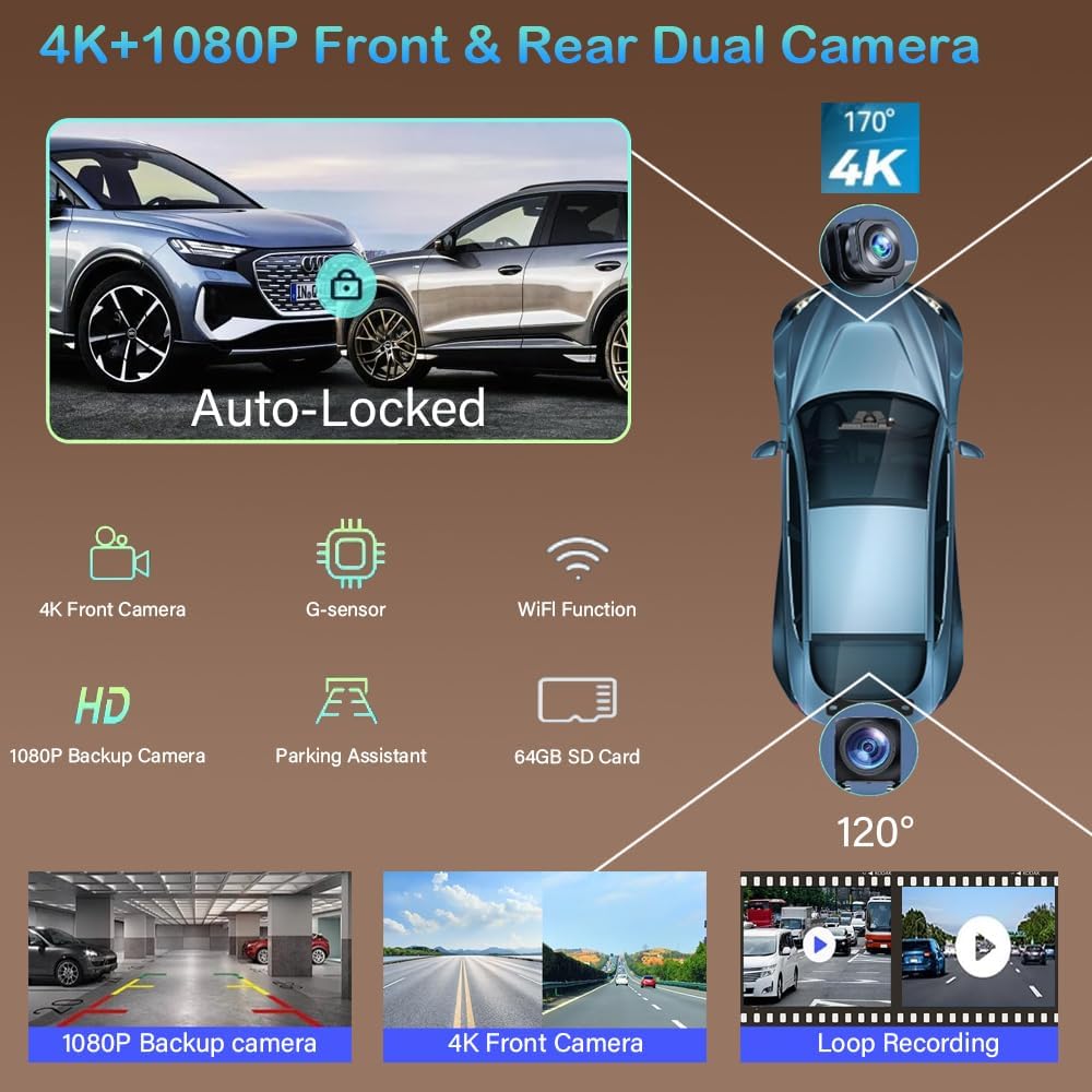 10.26" Wireless Carplay Screen 360 Rotation 4K Dash Cam Carplay/Android Auto Auto Stereo Auto Audio Empfänger mit 1080p Backup Kamera GPS Navigation/Spiegel Link/Sprachsteuerung/Siri – Bild 7
