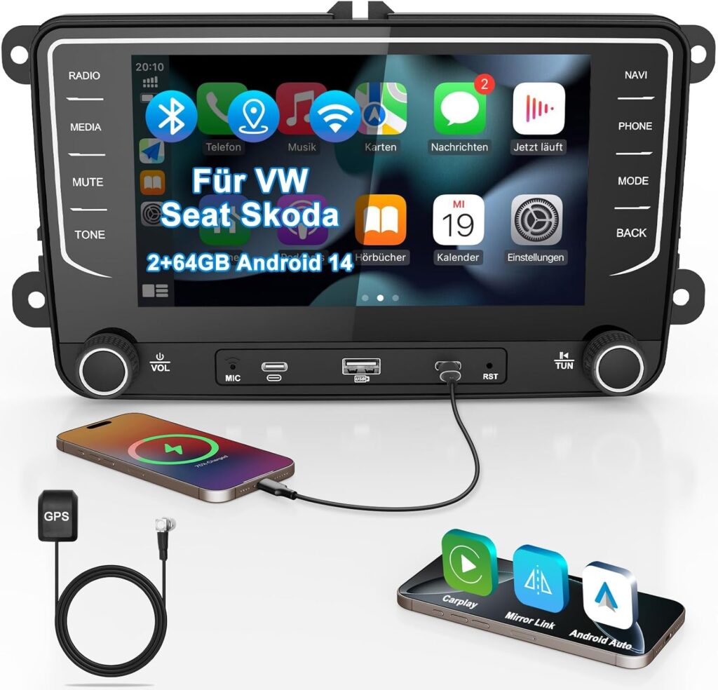 Autoradio mit Bildschirm Bluetooth 2+64GB für VW Golf 5 6 T5 Polo 6R Passat Caddy Seat Skoda, 2DIN 7 Zoll Auto Radio mit Navi DAB WLAN FM/AM, Apple Carplay, Android Auto, Lenkradsteuerung, Android 14