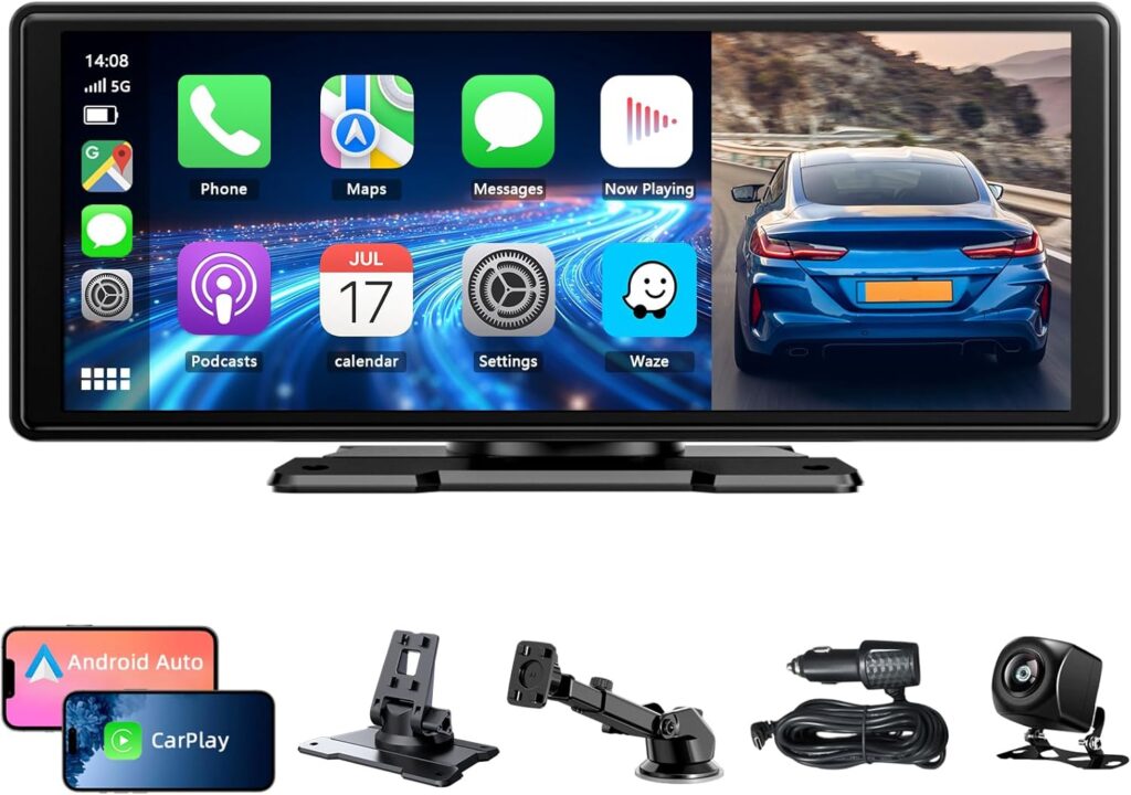 10,26 Zoll CarPlay Display, Tragbarer Car Multimedia Player mit Apple CarPlay & Android Auto, Rückfahrkamera 1080P, IPS Touchscreen, Sprachsteuerung, GPS Navigation, BT/FM/AUX/Mirror Link